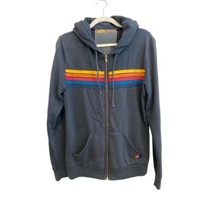 Aviator Nation Charcoal Zip Hoodie with Rainbow Chest Stripes